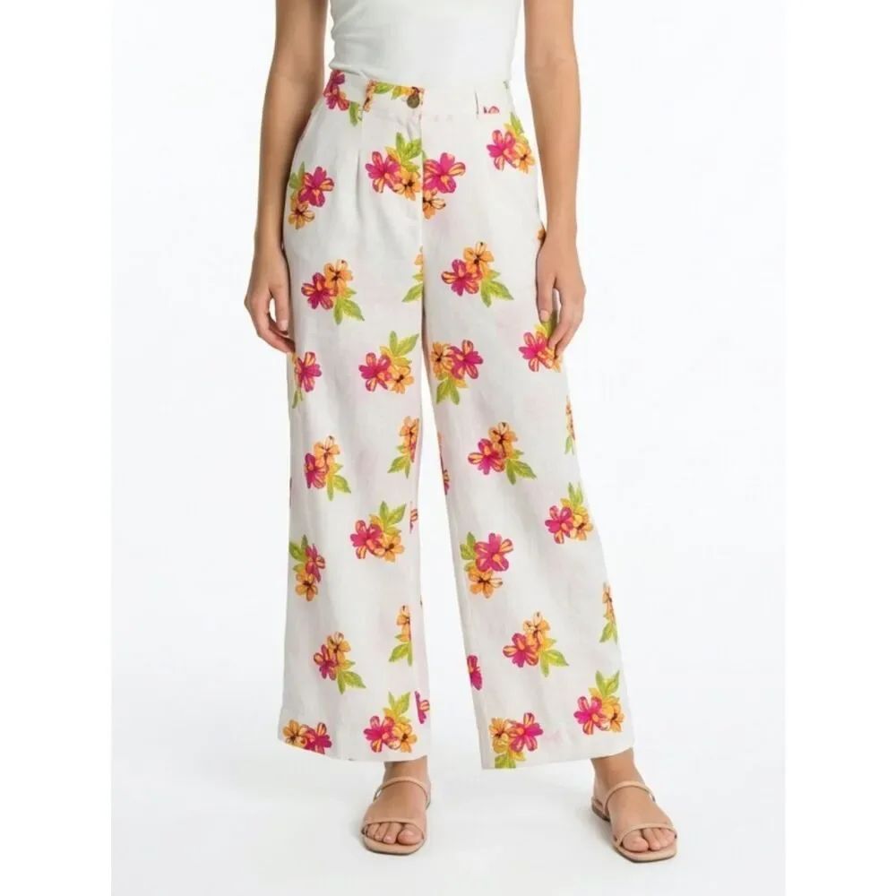 Rip Curl Cabana Pink & Yellow Floral Linen Blend Trousers Size L